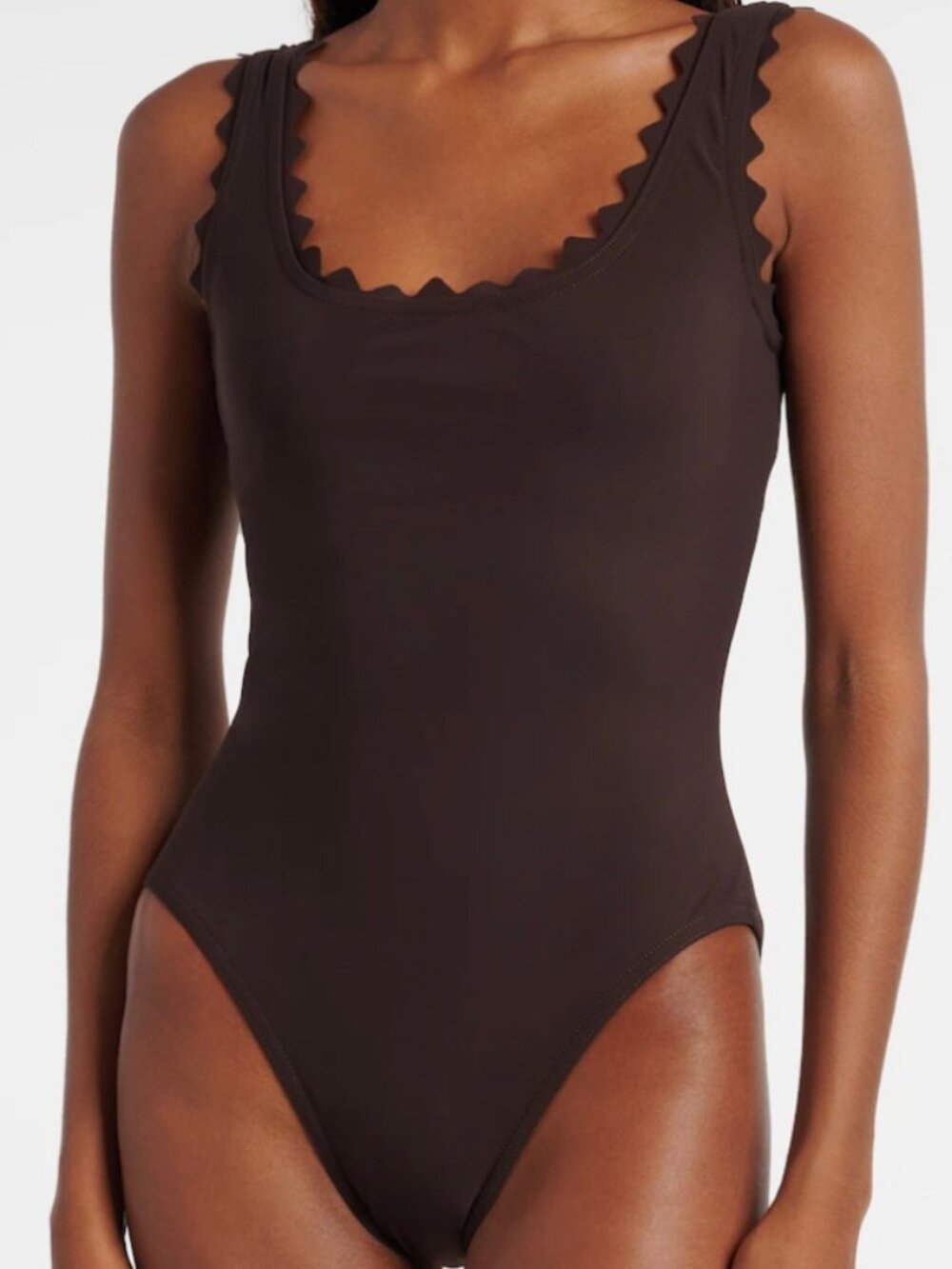 Karla Colletto Ines Scalloped V-Neck One Piece Swimsuit in Brown